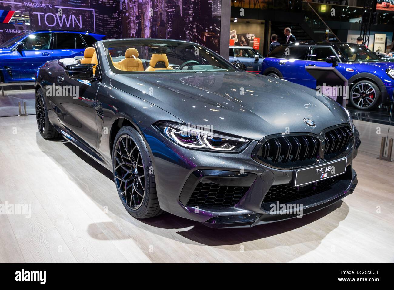 BMW M8 sports car showcased at the Autosalon 2020 Motor Show. Brussels ...