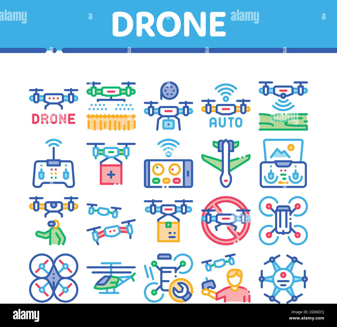 Drone Fly Quadrocopter Collection Icons Set Vector Stock Vector