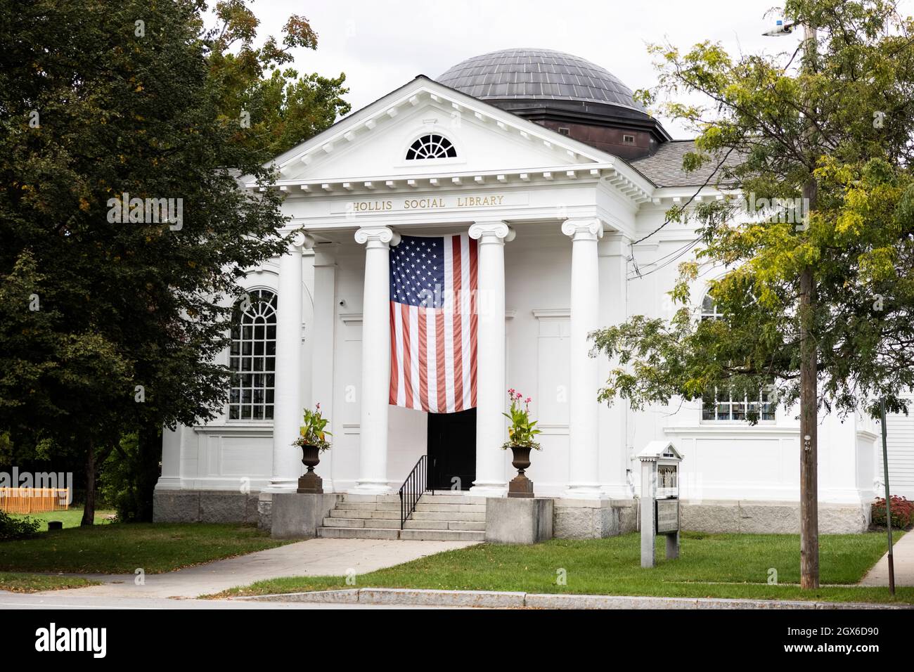 The Hollis Social Library on Monument Square in the town center of