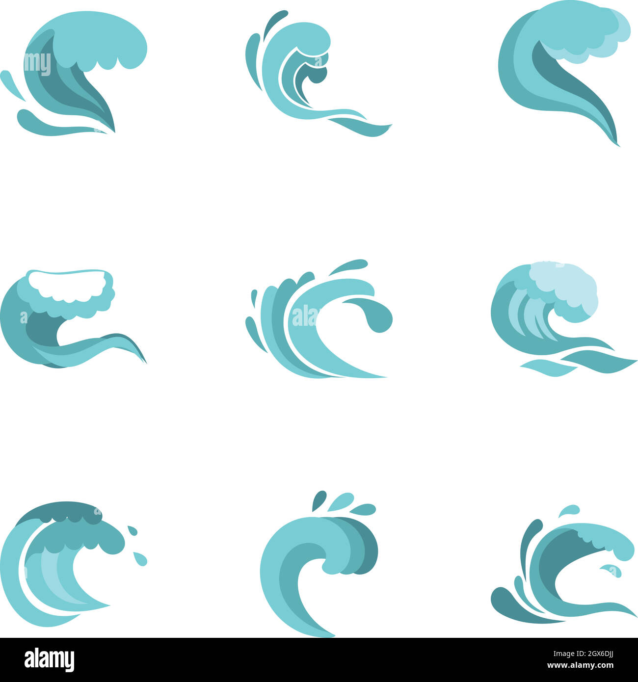 Curling and cracking wave icons set, flat style Stock Vector
