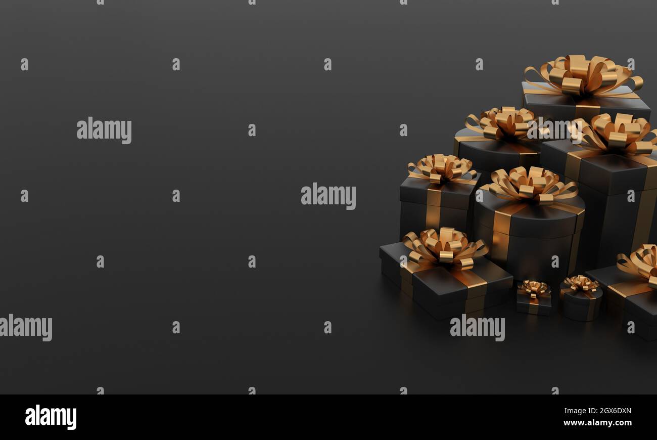 3D render of luxury black gift boxes with gold ribbons on a black