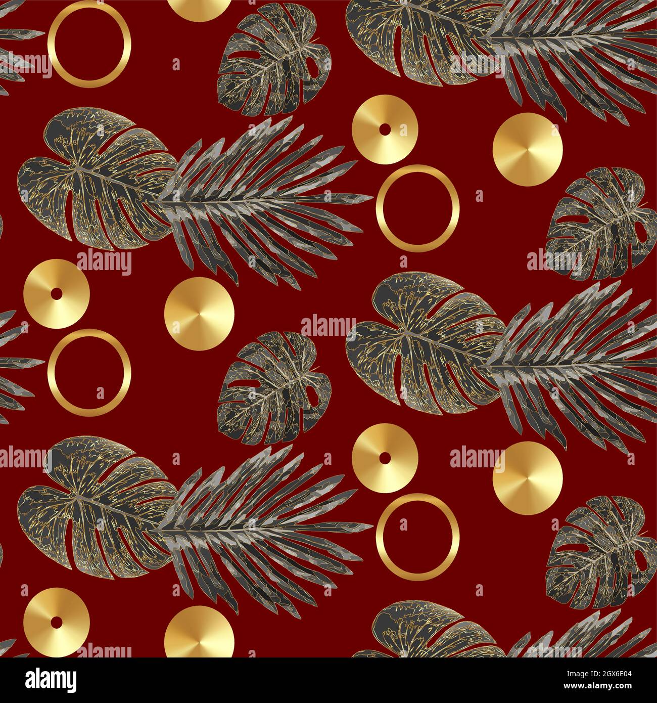 Luxury gold and black tropical plant seamless background vector. Floral pattern with golden tropical palm, monstera leaf, exotic plant, Jungle plants, Stock Vector