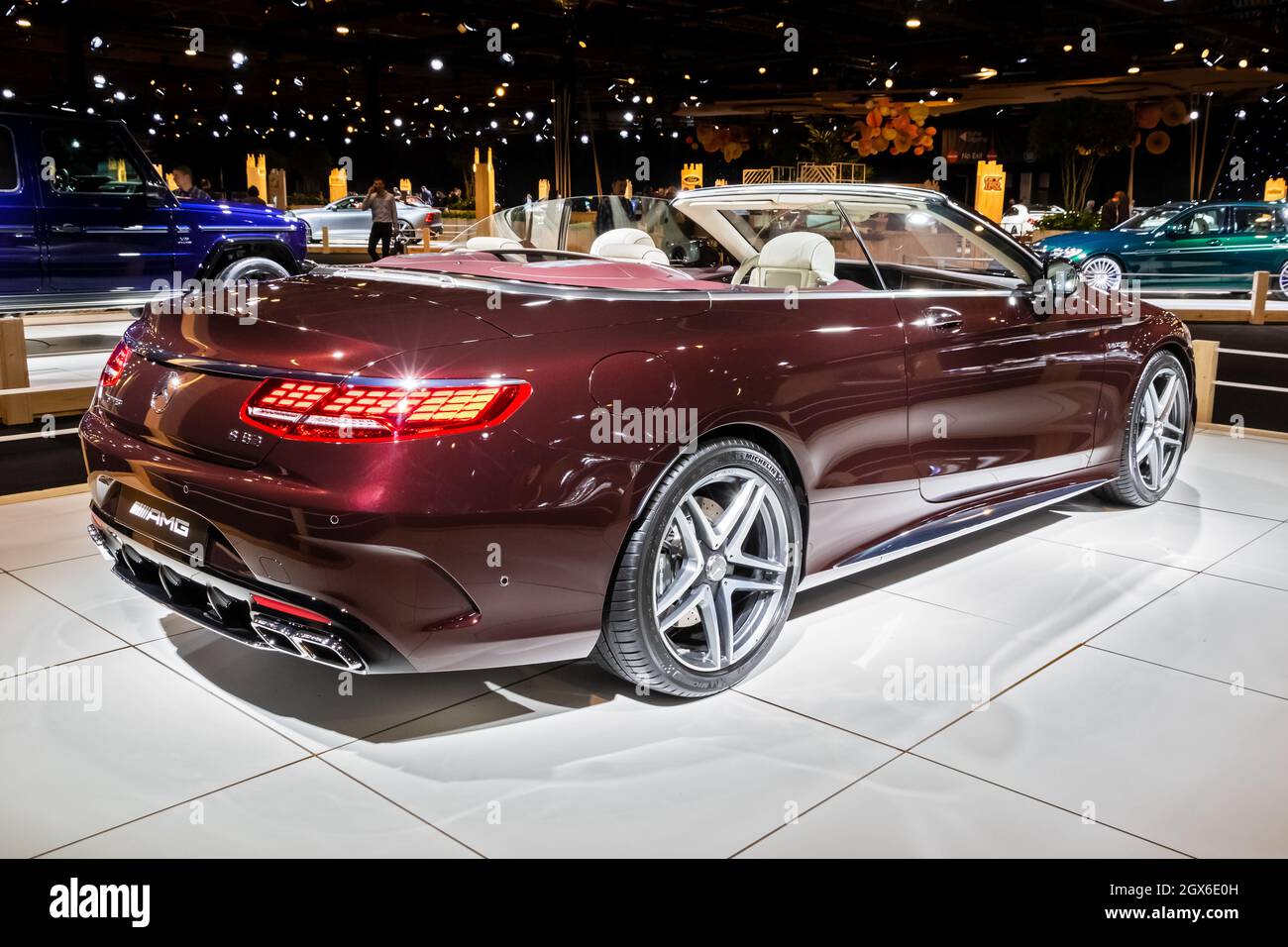 Mercedes-AMG S63 Cabriolet sports car showcased at the Autosalon 2020 Motor Show. Brussels, Belgium - January 9, 2020. Stock Photo