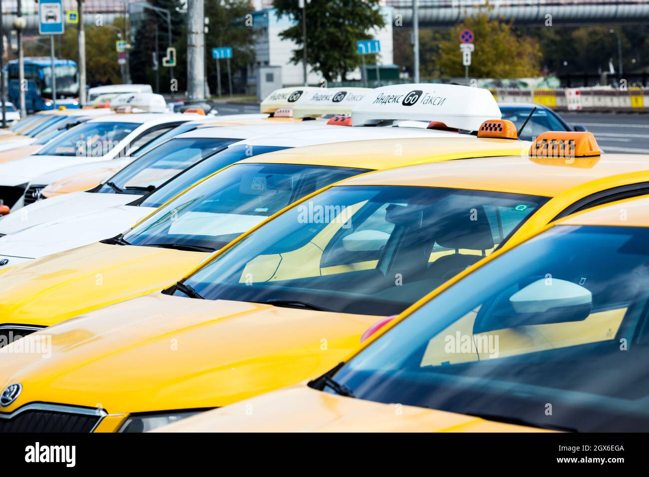 Moscow, Russia - October 4, 2021: Taxi parking on the street near to Moscow City. Stock Photo