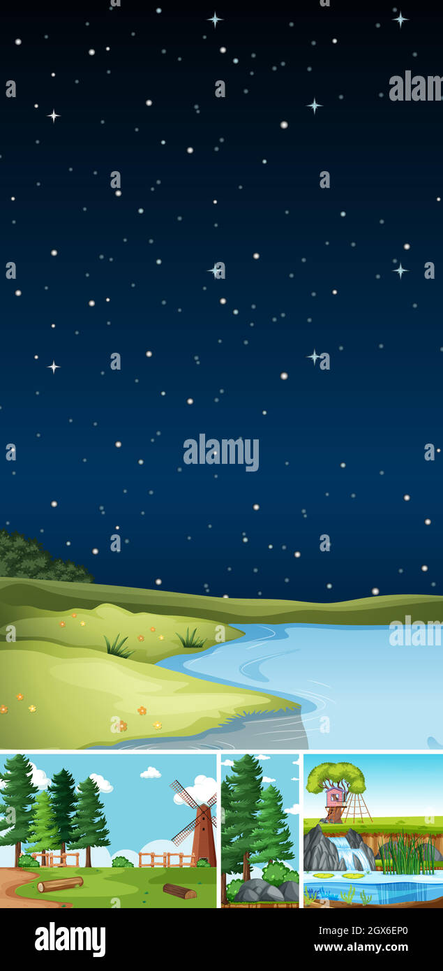 Four different scenes in nature setting cartoon style Stock Vector ...
