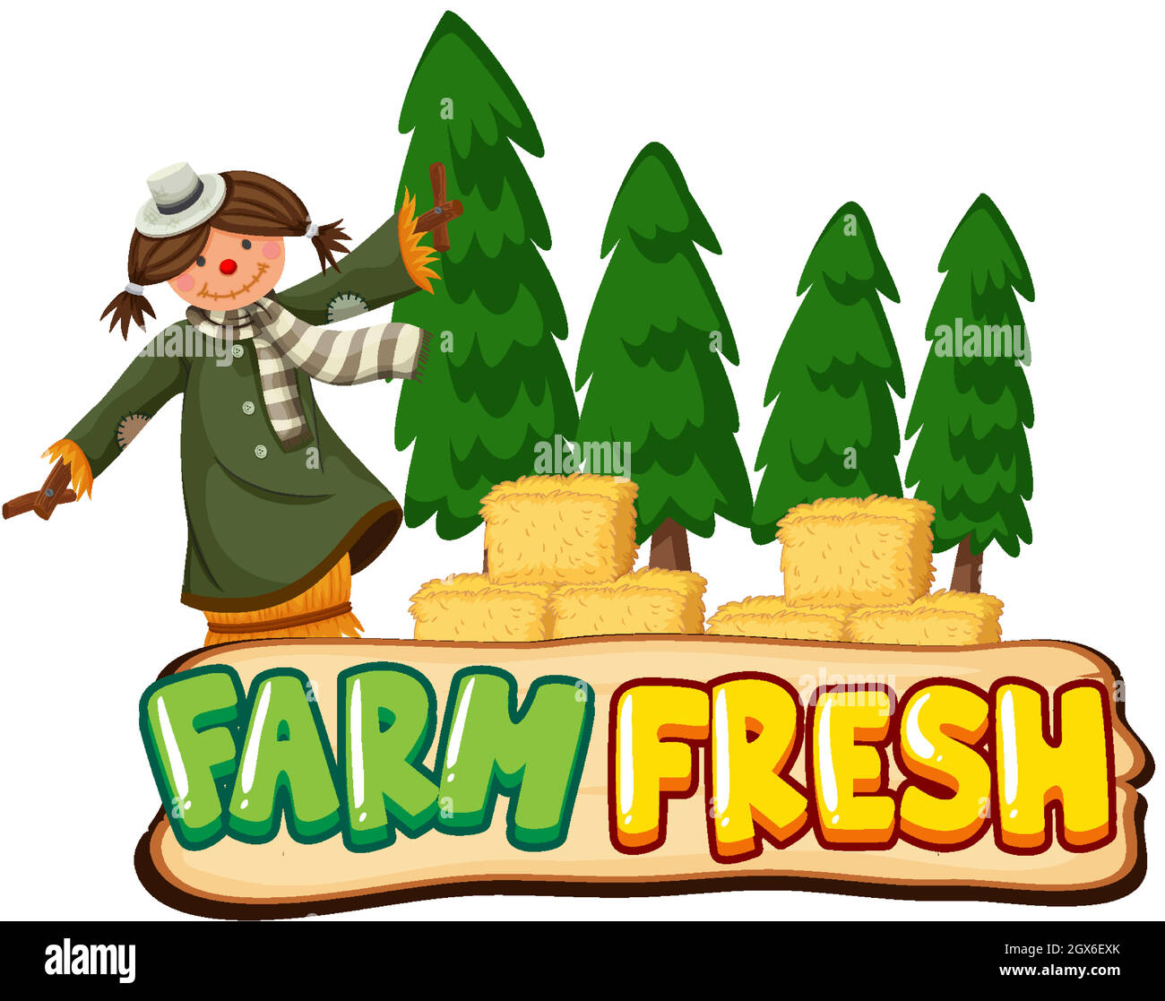 Word design for farm fresh with scarecrow and hay Stock Vector
