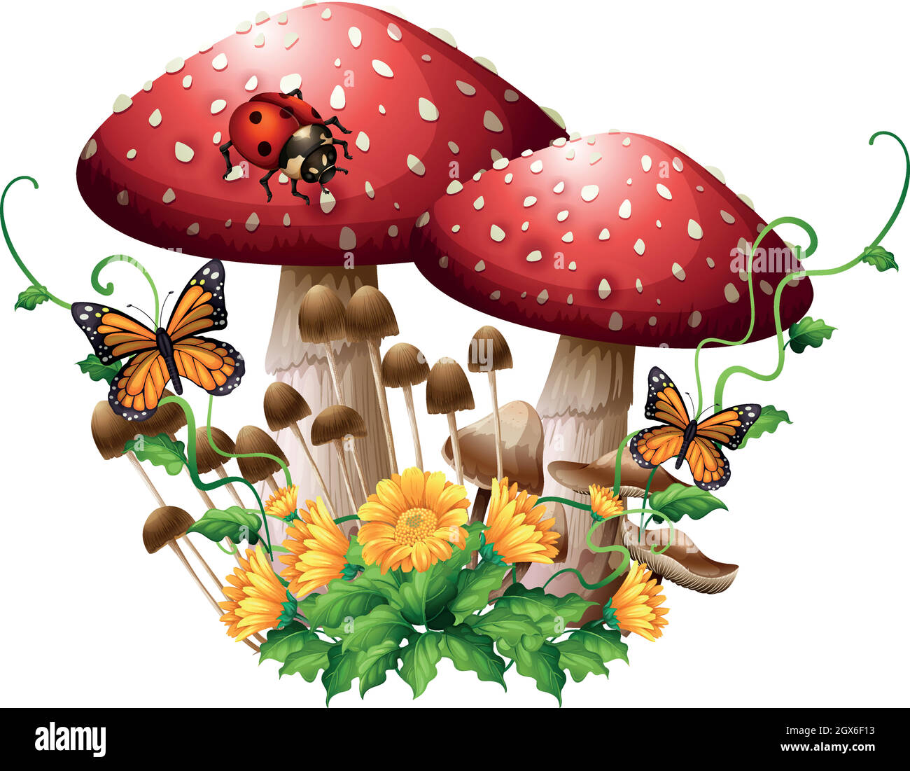 Butterfly and ladybug in the garden Stock Vector