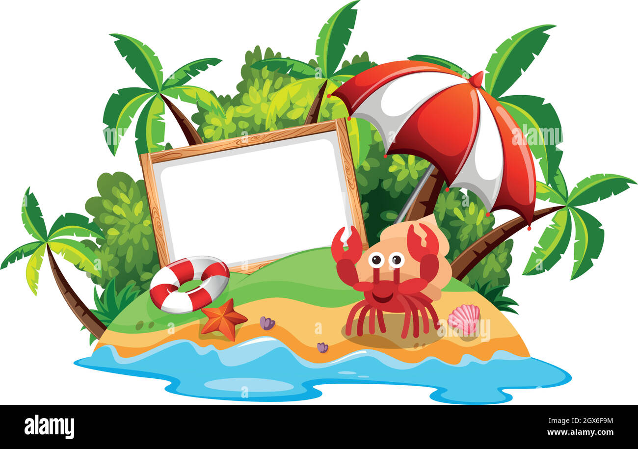 Whiteboard on island with hermit crab Stock Vector