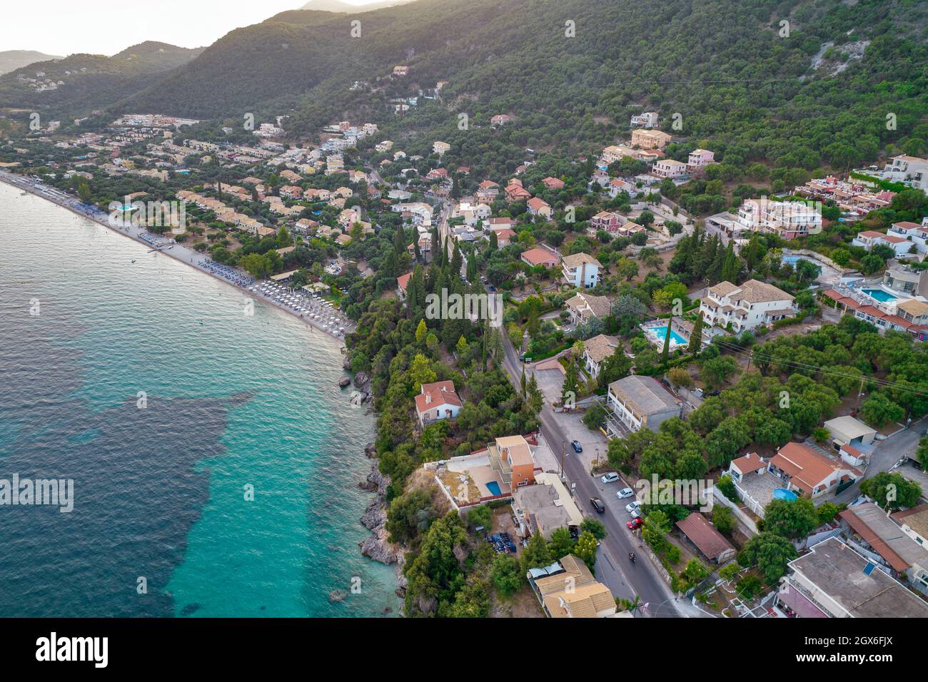 Aerial drone view over rocky coast in Mparmpati and Barbati Beach, east of Corfu island, Greece. Stock Photo