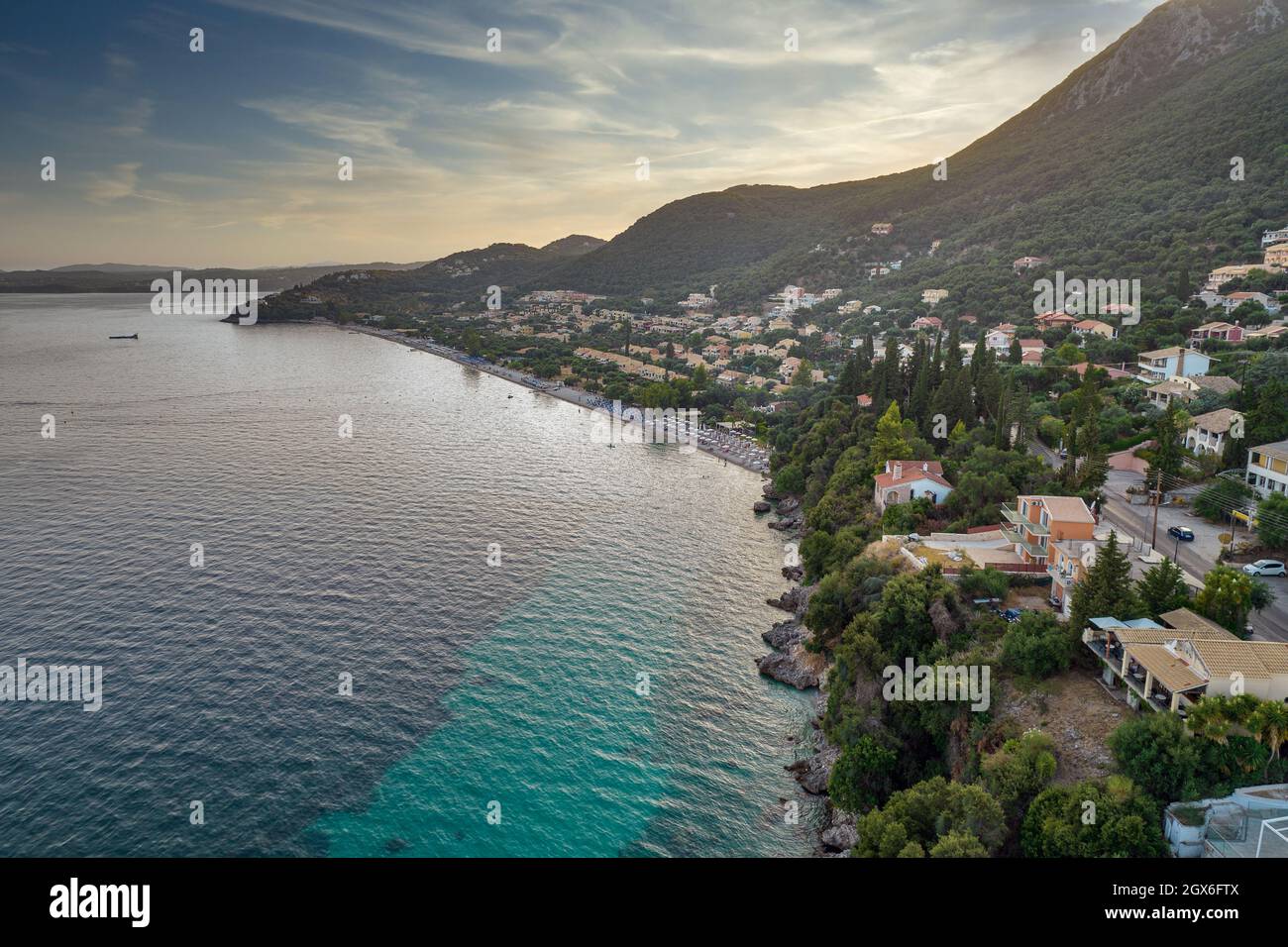 Aerial drone view over rocky coast in Mparmpati and Barbati Beach, east of Corfu island, Greece. Stock Photo