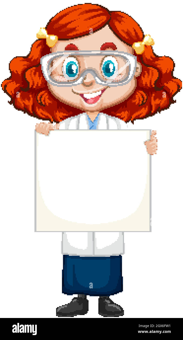 Girl in science gown holding paper on white background Stock Vector