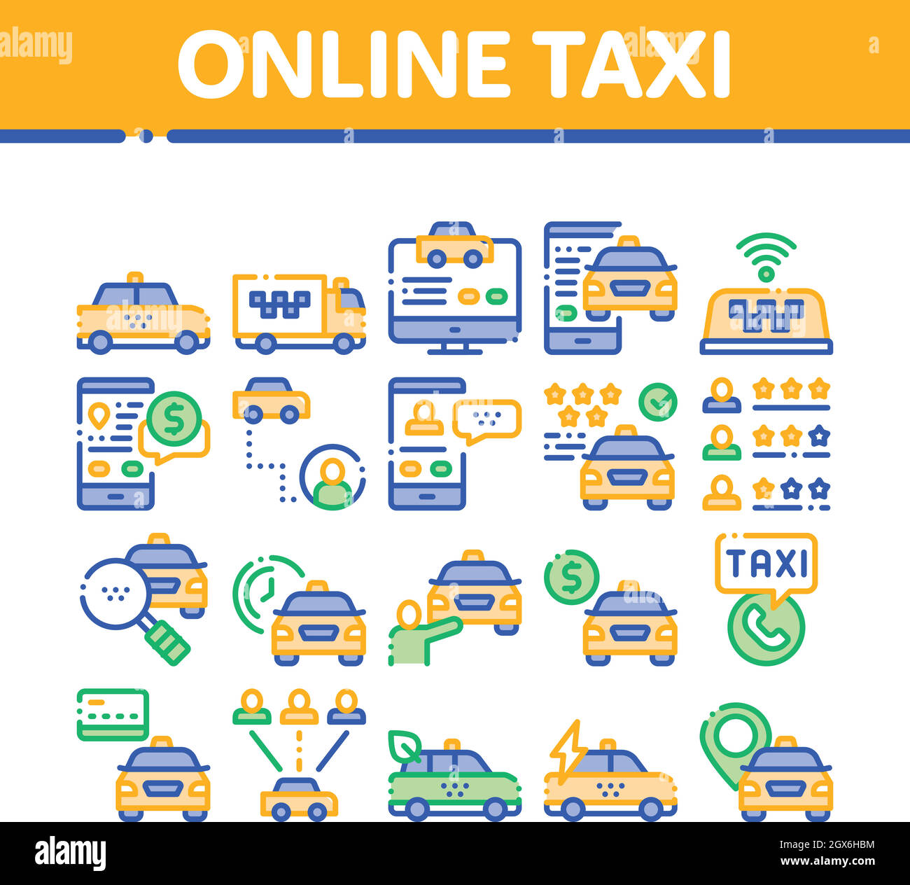 Online Taxi Collection Elements Icons Set Vector Stock Vector