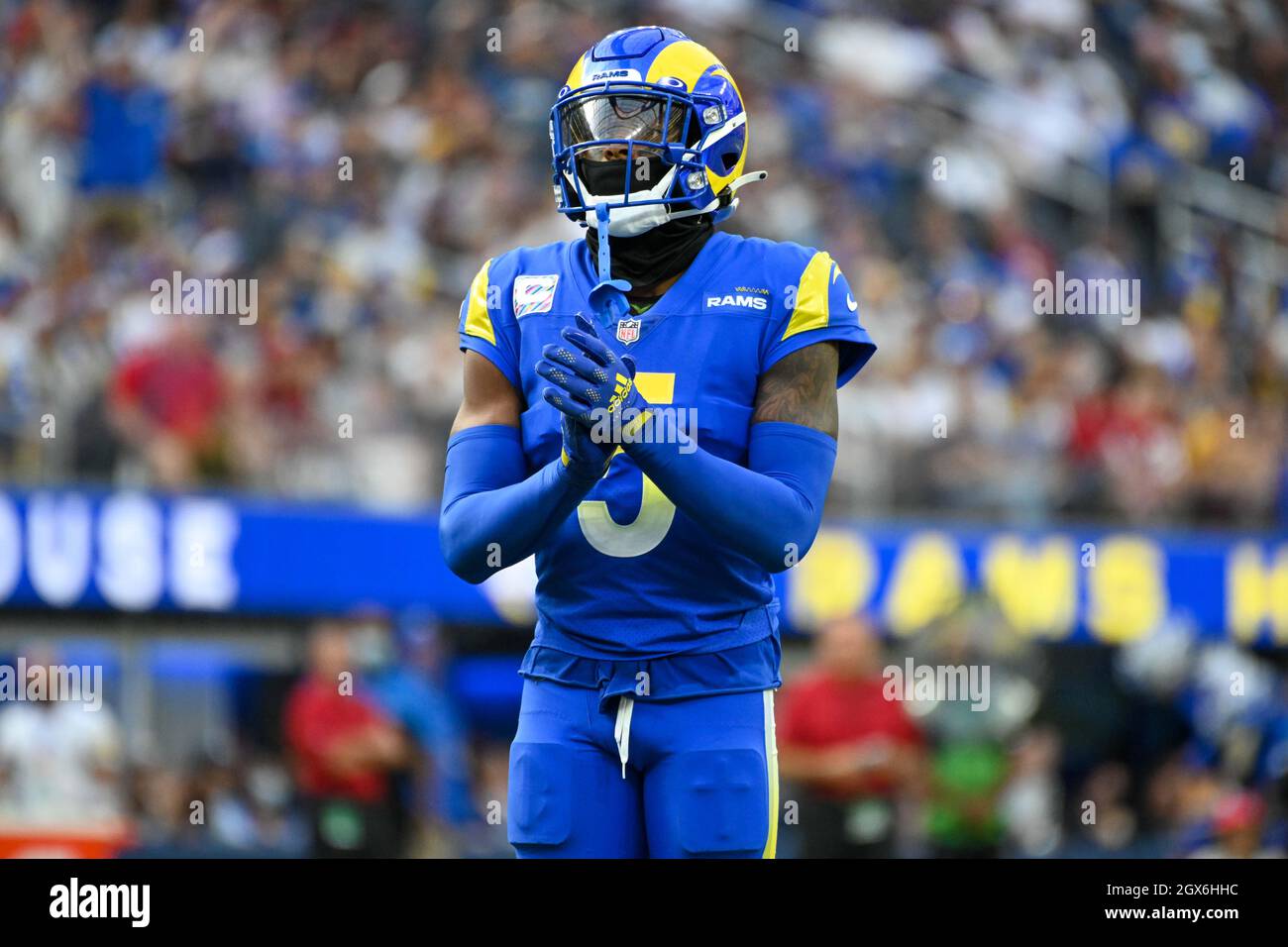 Los Angeles Rams cornerback Jalen Ramsey (5) during an NFL football game  against the Arizona Cardinals, Sunday, Oct. 3, 2021, in Inglewood, Calif.  The Arizona Cardinals defeated the Los Angeles Rams 37-20. (
