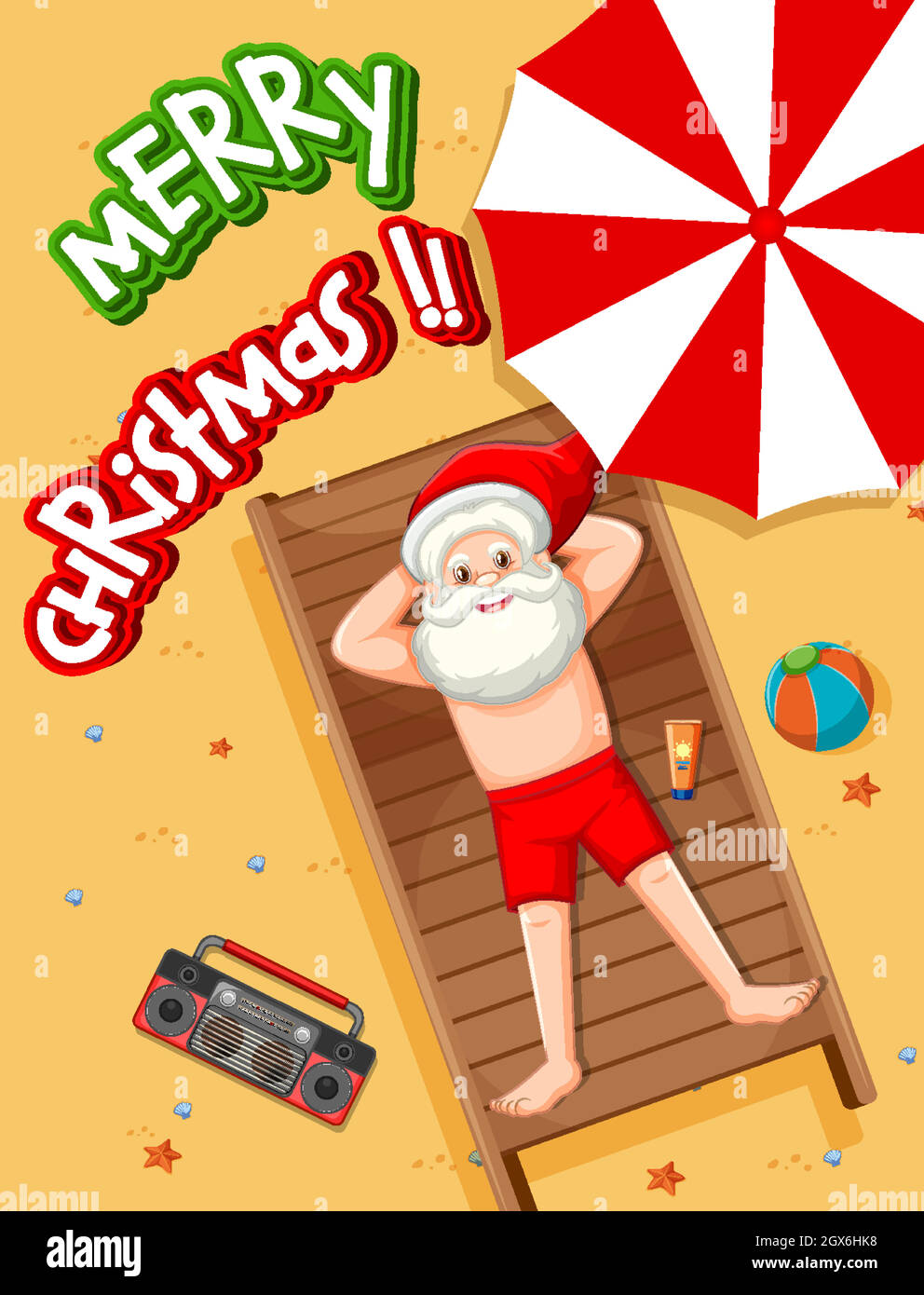 Santa Claus taking sun bath at the beach summer theme Stock Vector