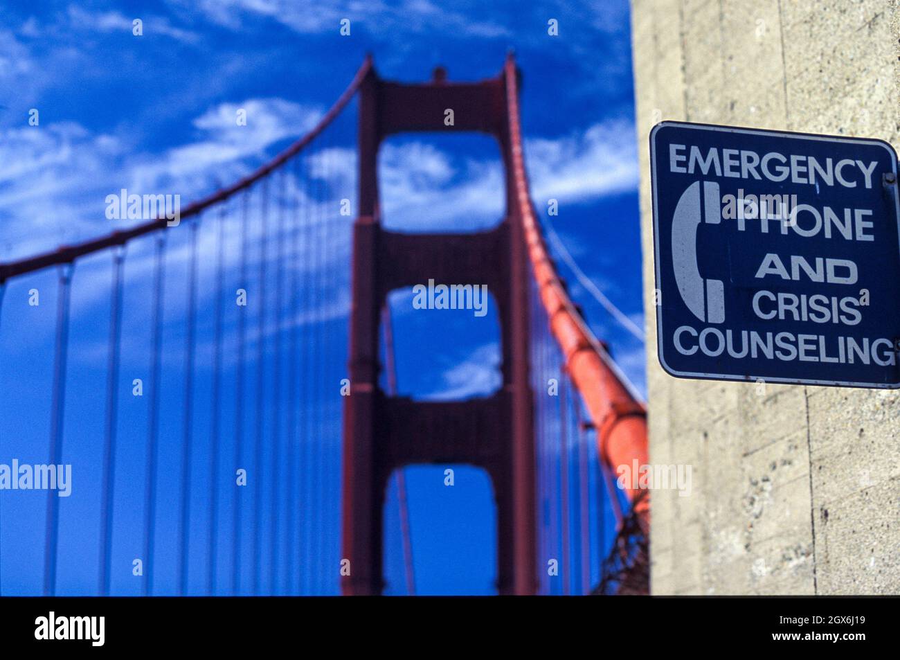 Emergency Phone and crisis counseling sign in Golden Gate Bridge, San