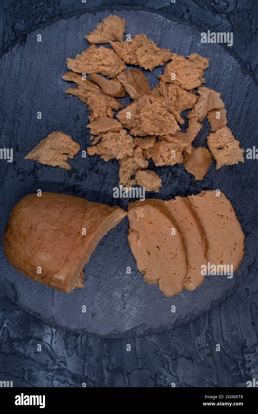 Seitan prepared at home out of wheat gluten and tapioca flour, sesame