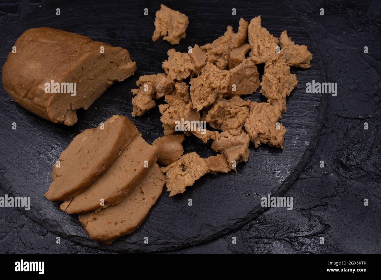 Seitan prepared at home out of wheat gluten and tapioca flour, sesame