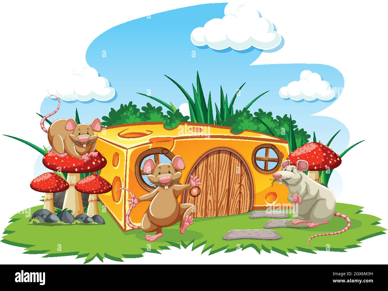 Mouses with cheese house in the garden cartoon style on sky background