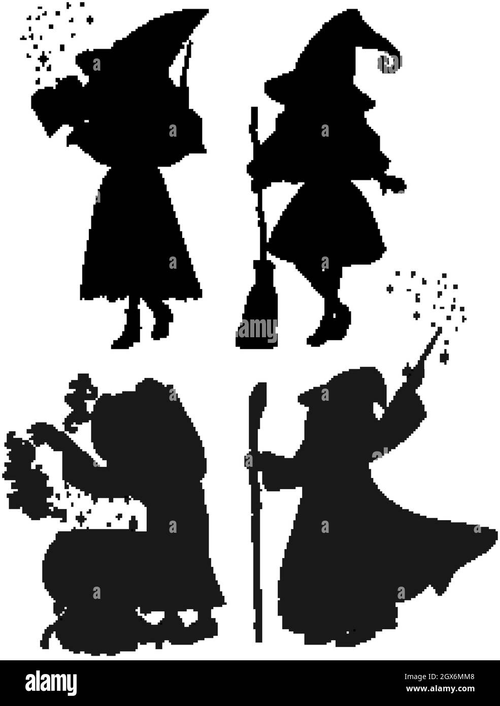 Witches in silhouette cartoon character isolated on white background Stock Vector