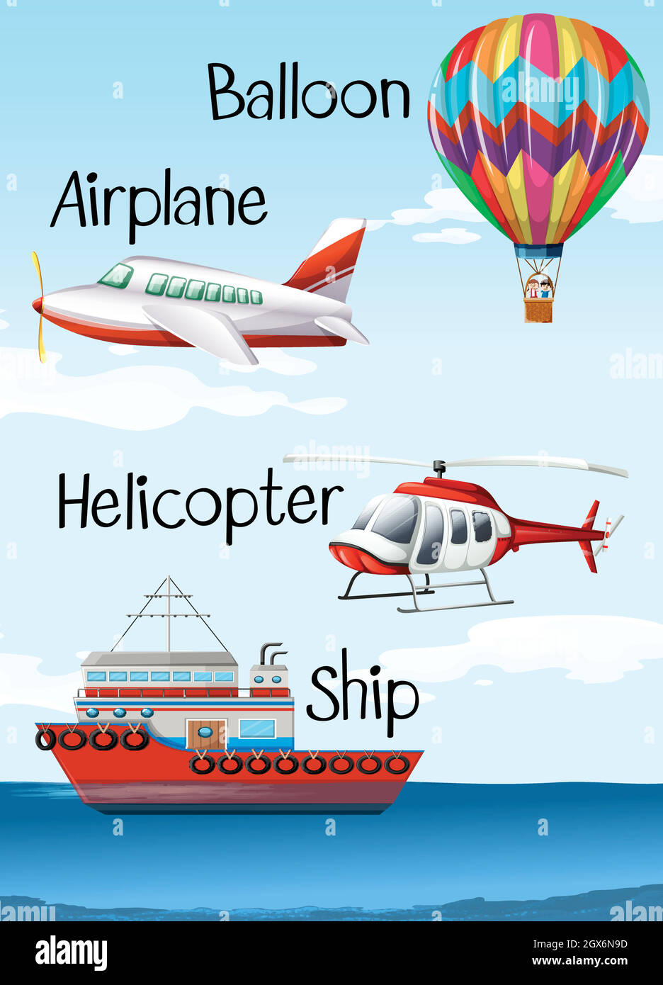 Different types of aircrafts and ship Stock Vector