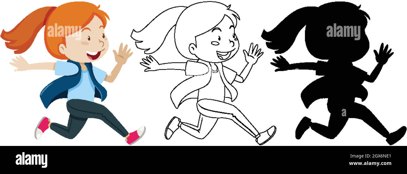 Girl running with its outline and silhouette Stock Vector