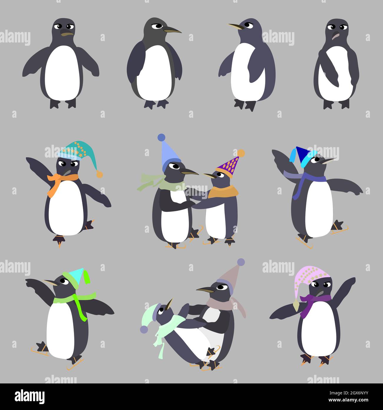 set penguins on skates and in hats Stock Vector