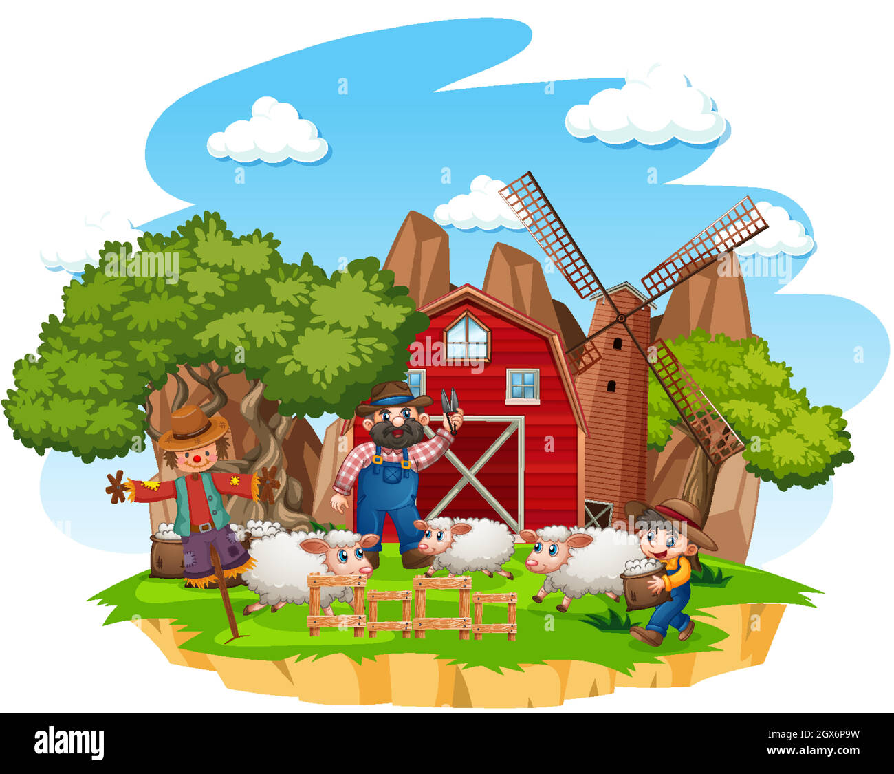 Farm with red barn and windmill on white background Stock Vector Image ...