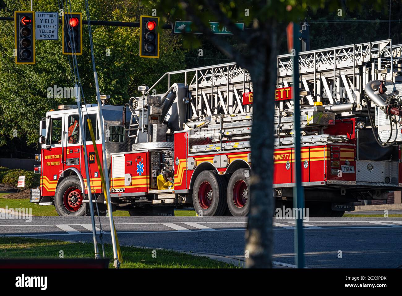 Gwinnett County fire truck responding to an emergency in Snellville (Metro Atlanta), Georgia. (USA) Stock Photo