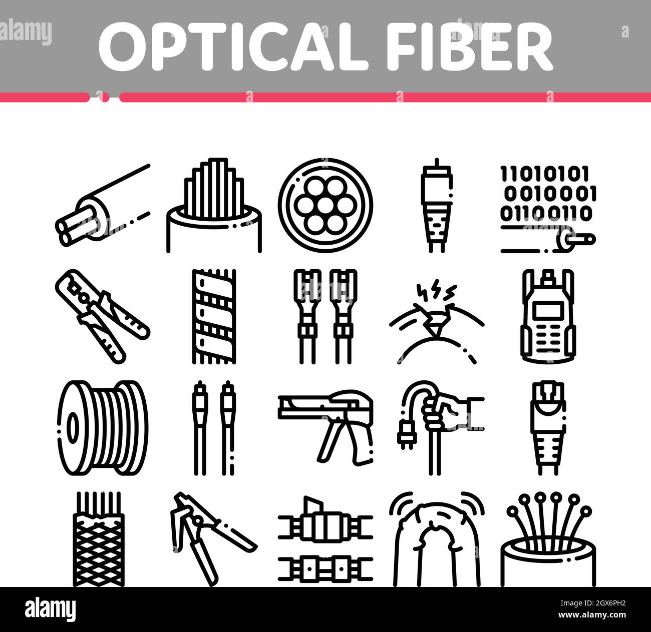 Optical Fiber Cable Collection Icons Set Vector Stock Vector