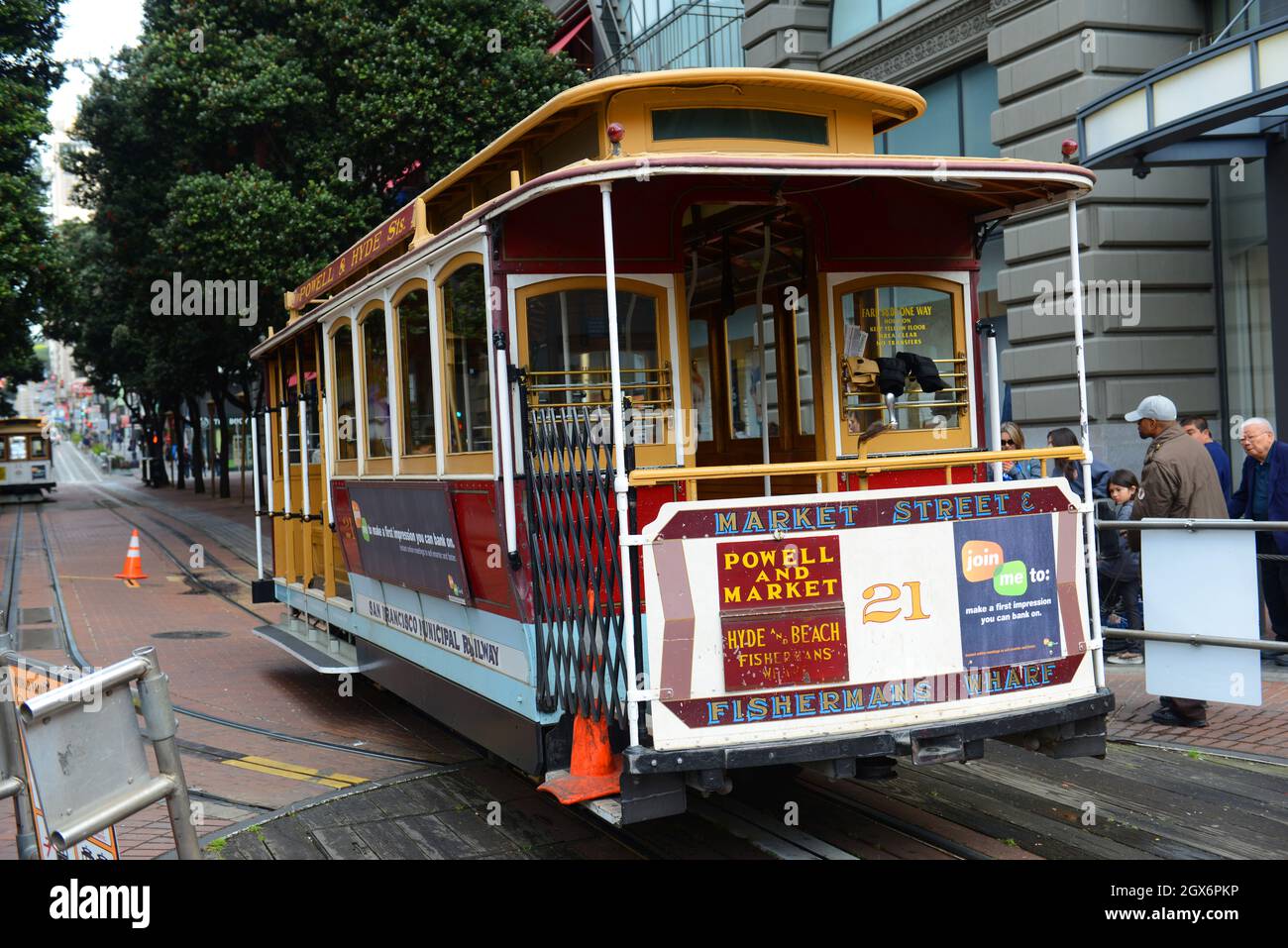 Antique Cable Car Powell Hyde Line at Powell Street terminal at Market Street in downtown San