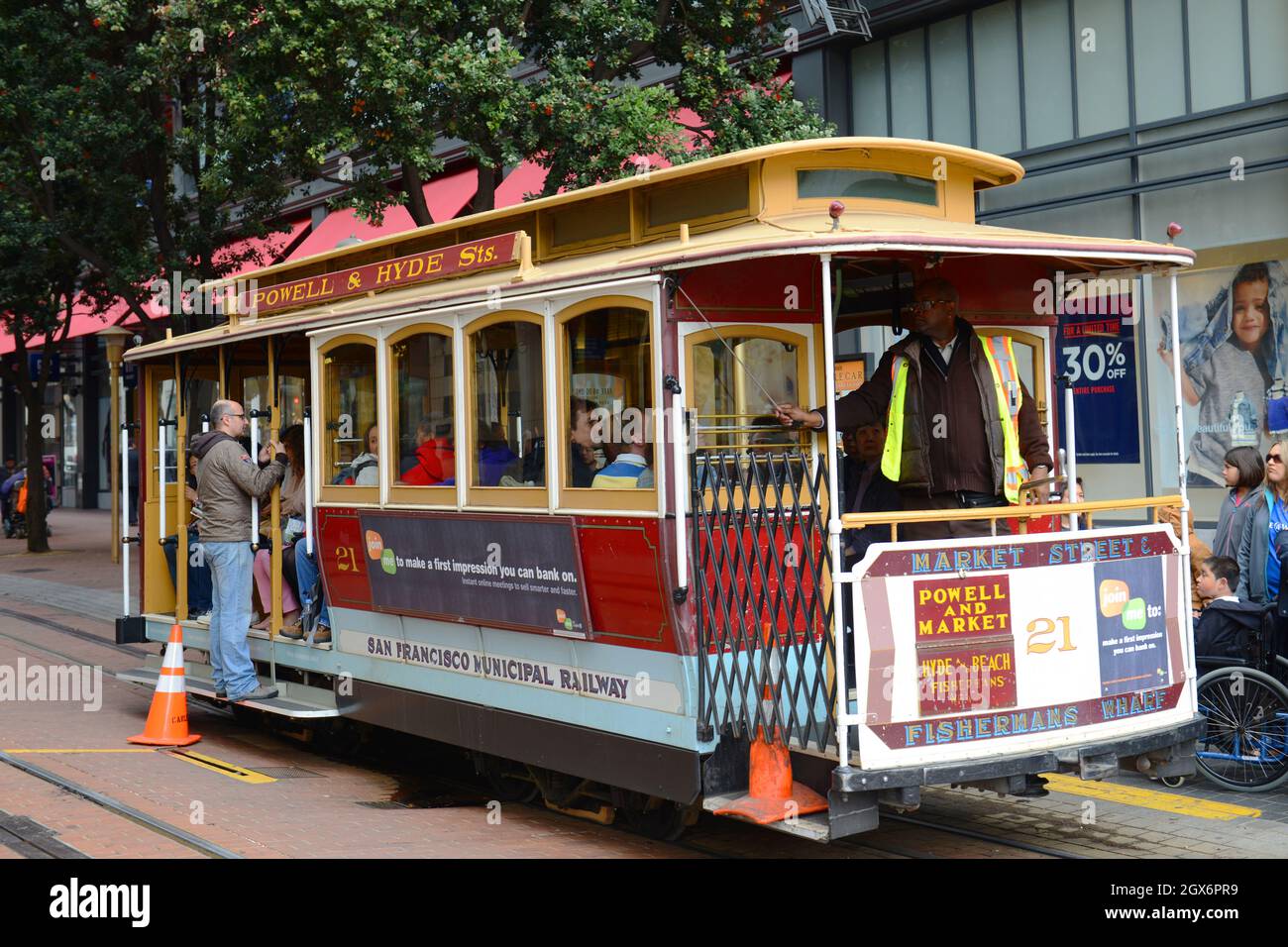 Antique Cable Car Powell Hyde Line at Powell Street terminal at Market Street in downtown San