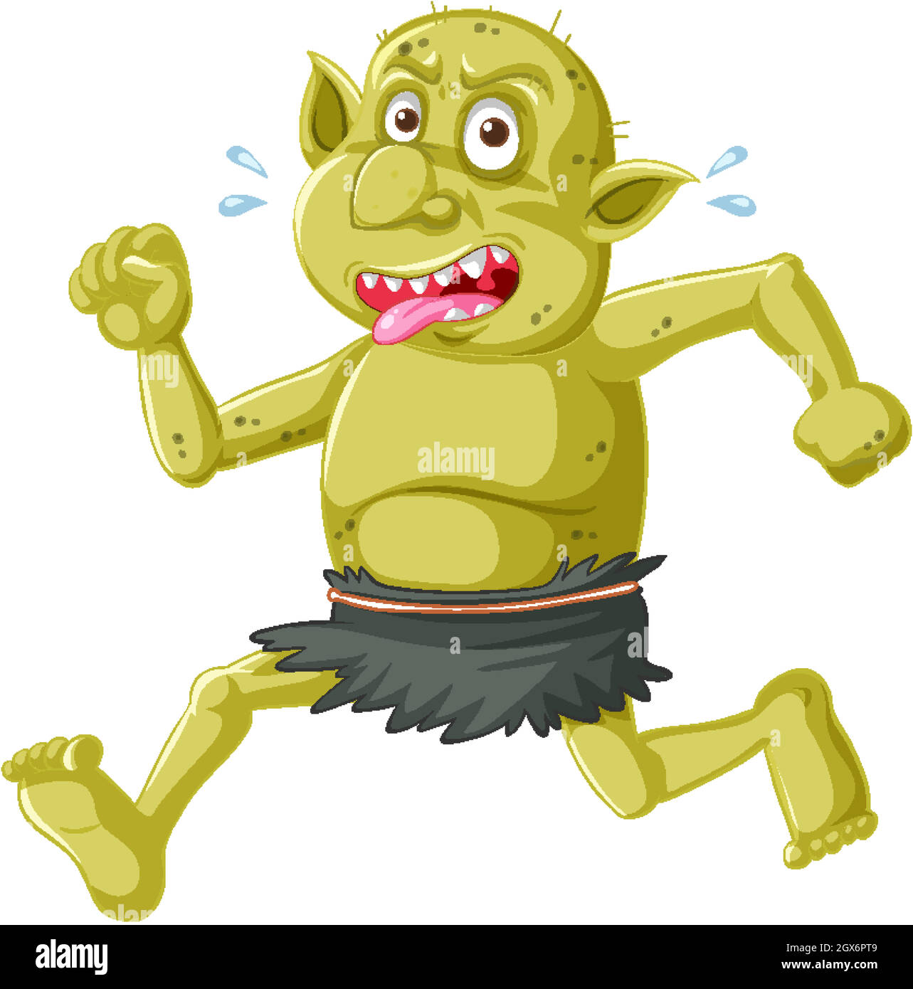Green goblin or troll running pose with funny face in cartoon character