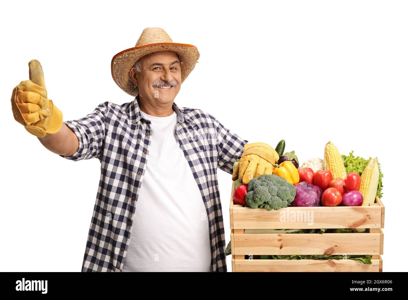 Mature farmer with a crate of fresh organic vegetables and gesturing ...