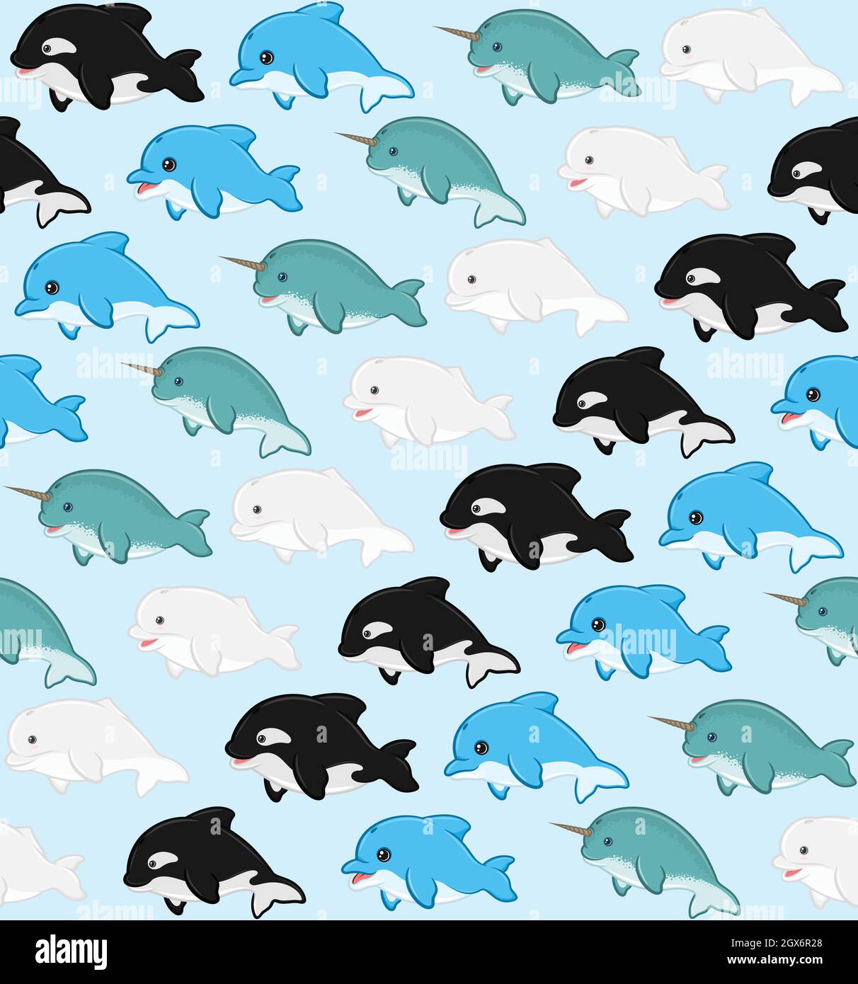 Aquatic Mammal pattern with childish cartoon shape, beluga, dolphin, killer whale, narwhal Stock Vector