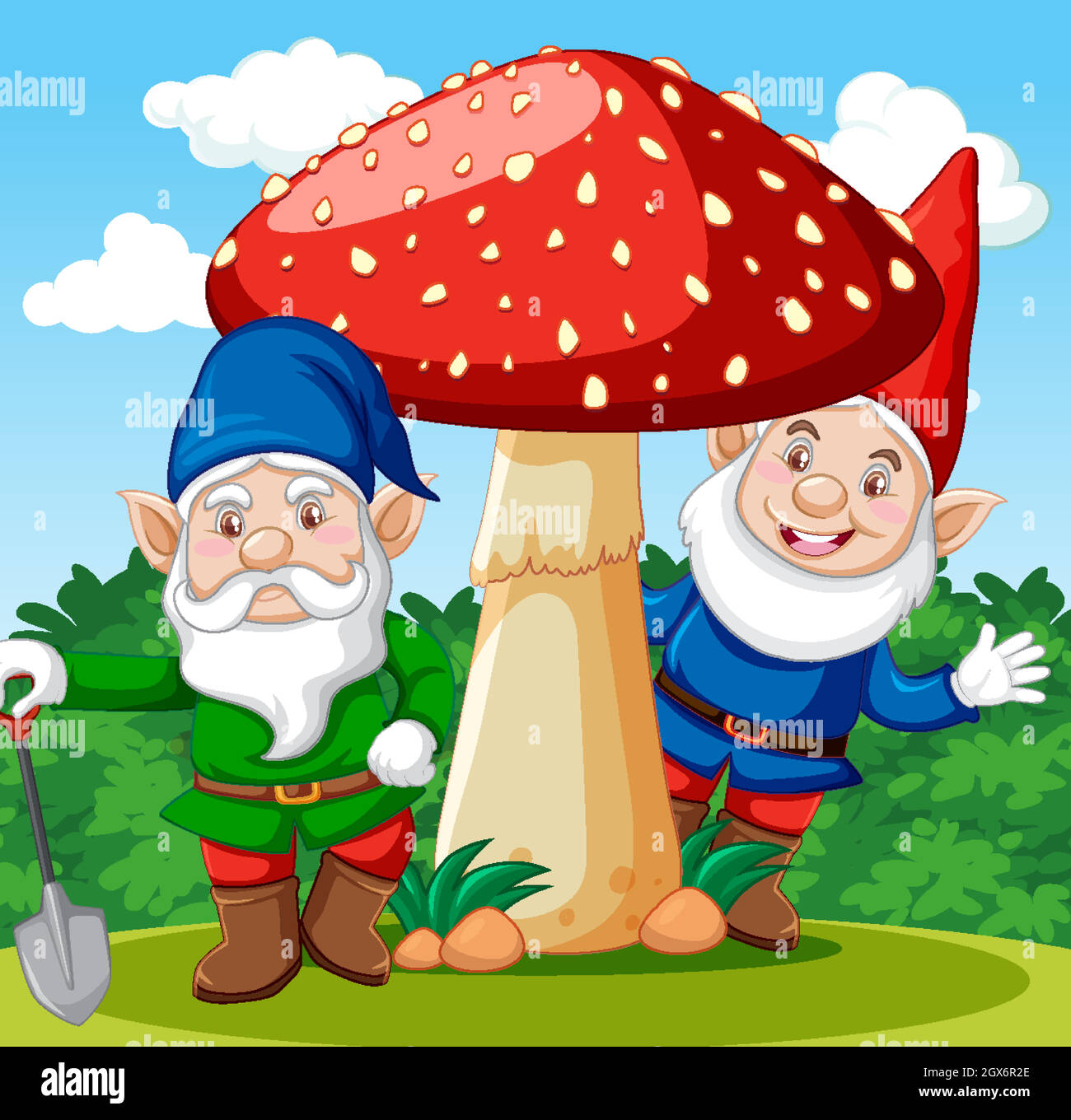 Gnomes standing with mushroom cartoon character on garden background
