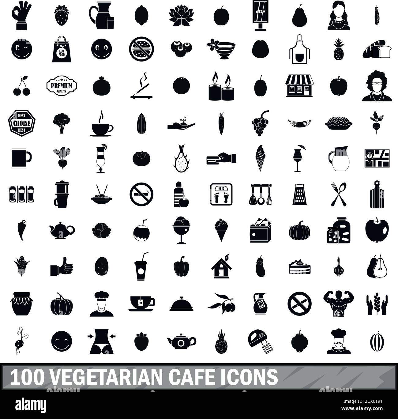 100 vegetarian cafe icons set in simple style Stock Vector