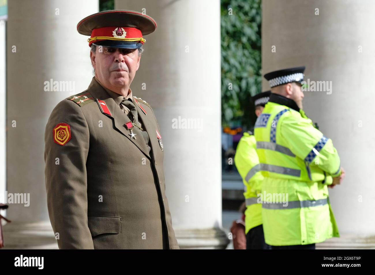 Manchester, UK – Monday 4th October 2021 – Anti Brexit activist Steve Bray dressed in a Russian army uniform outside the Conservative Party Conference in Manchester -  Photo Steven May / Alamy Live News Stock Photo