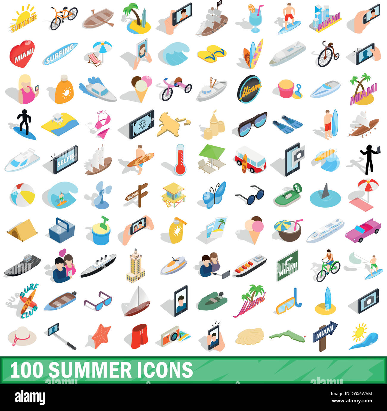 100 summer icons set, isometric 3d style Stock Vector
