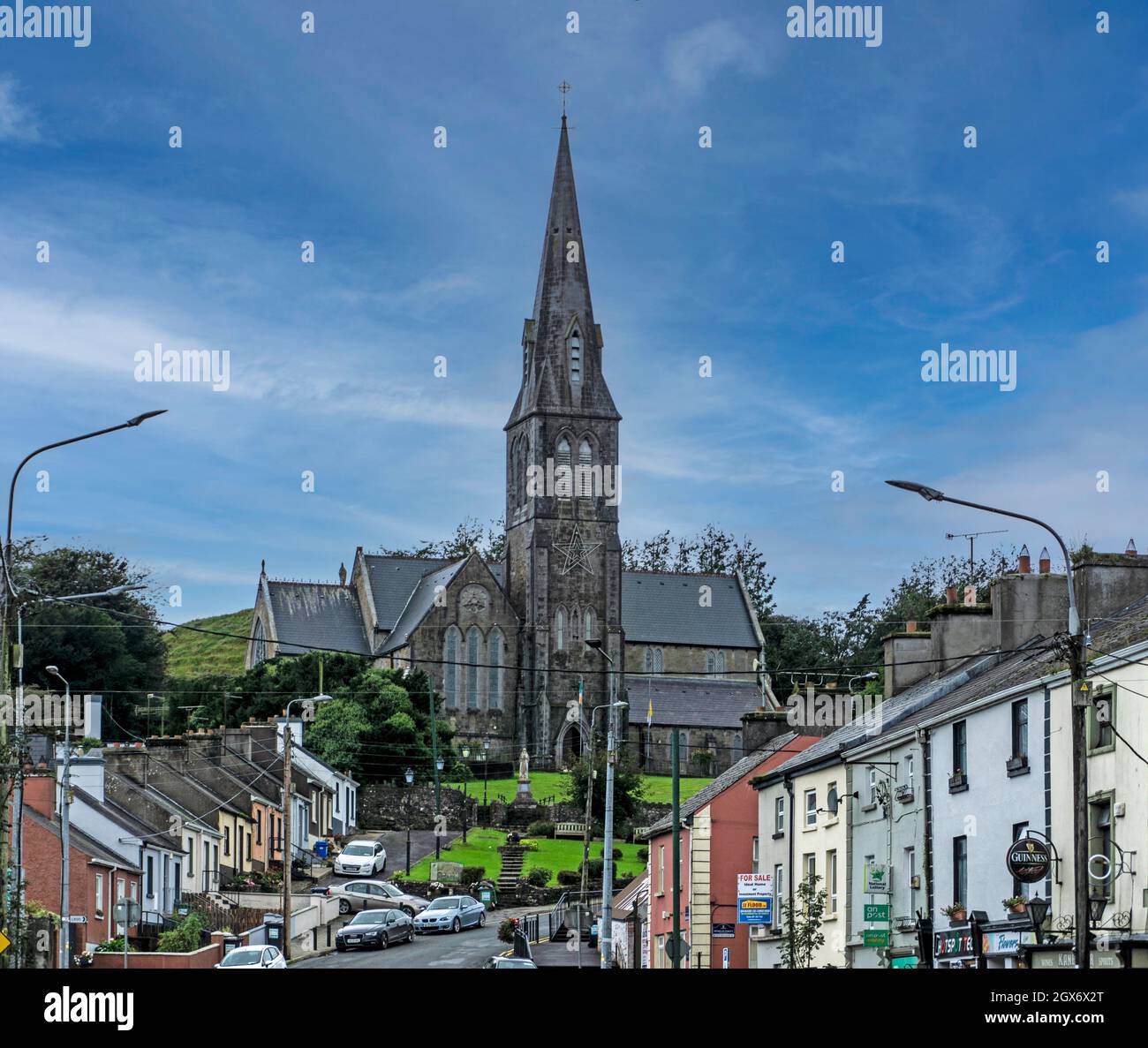 The main street in Granard, County Longford, Ireland dominated by St Marys Roman Catholic Church. Stock Photo
