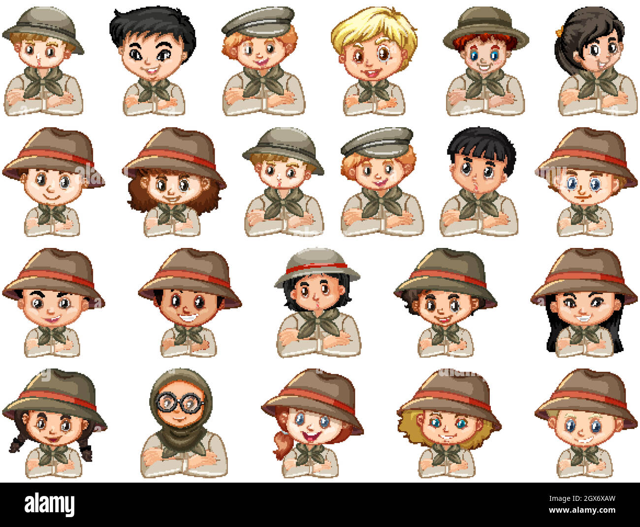 Set of different characters of boys and girls scout costume on a white ...