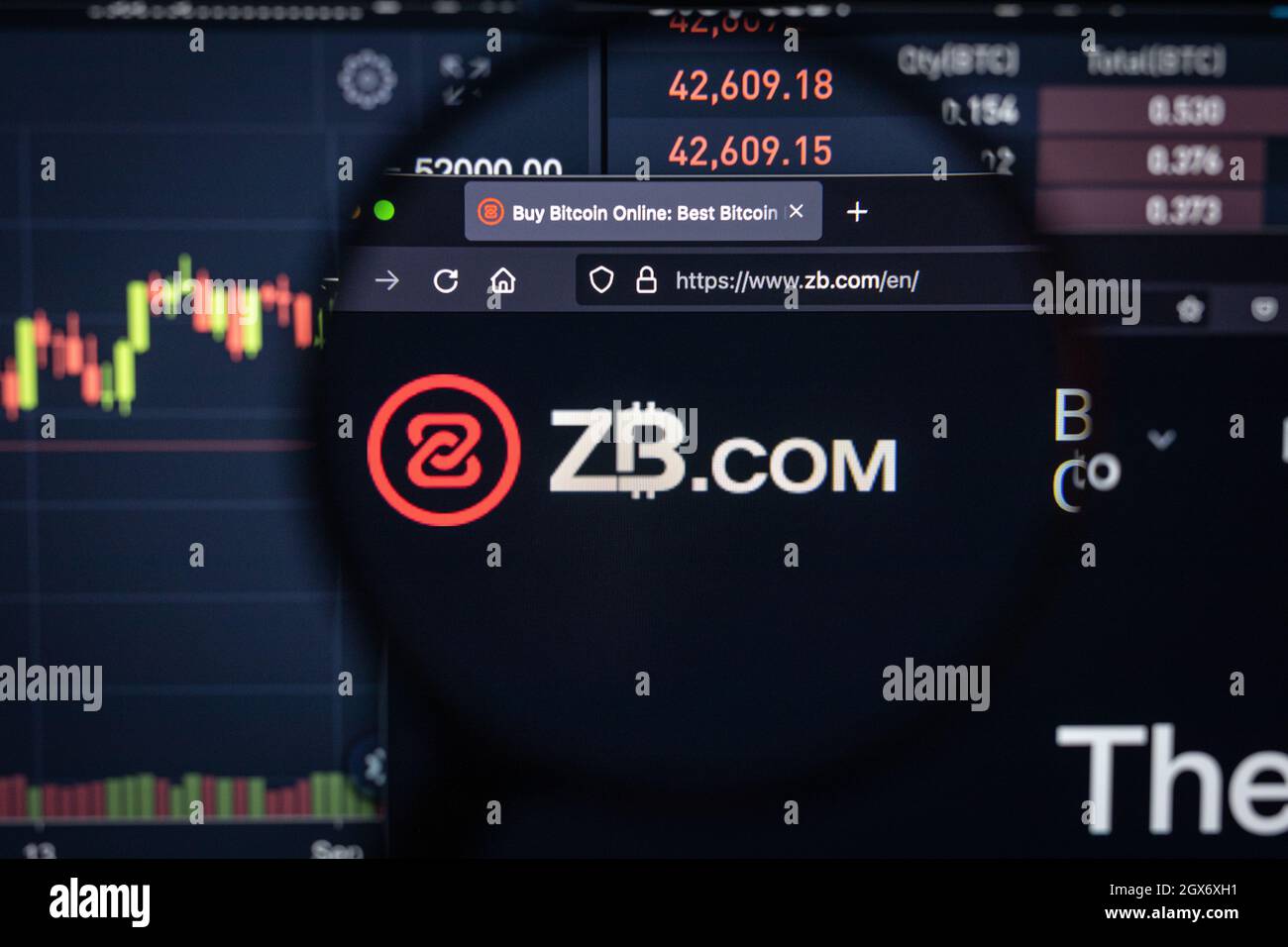 ZB.com company logo on a website with blurry stock market developments in the background, seen on a computer screen through a magnifying glass Stock Photo