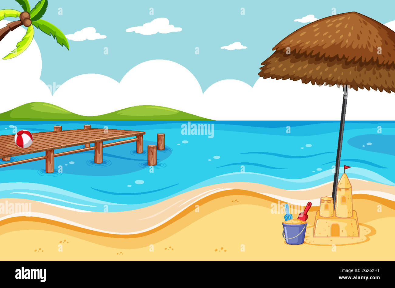 Tropical beach and sand beach scene cartoon style Stock Vector
