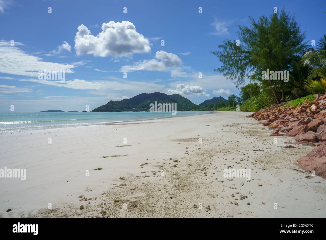 tropical beach at anse volbert on praslin on the seychelles Stock Photo