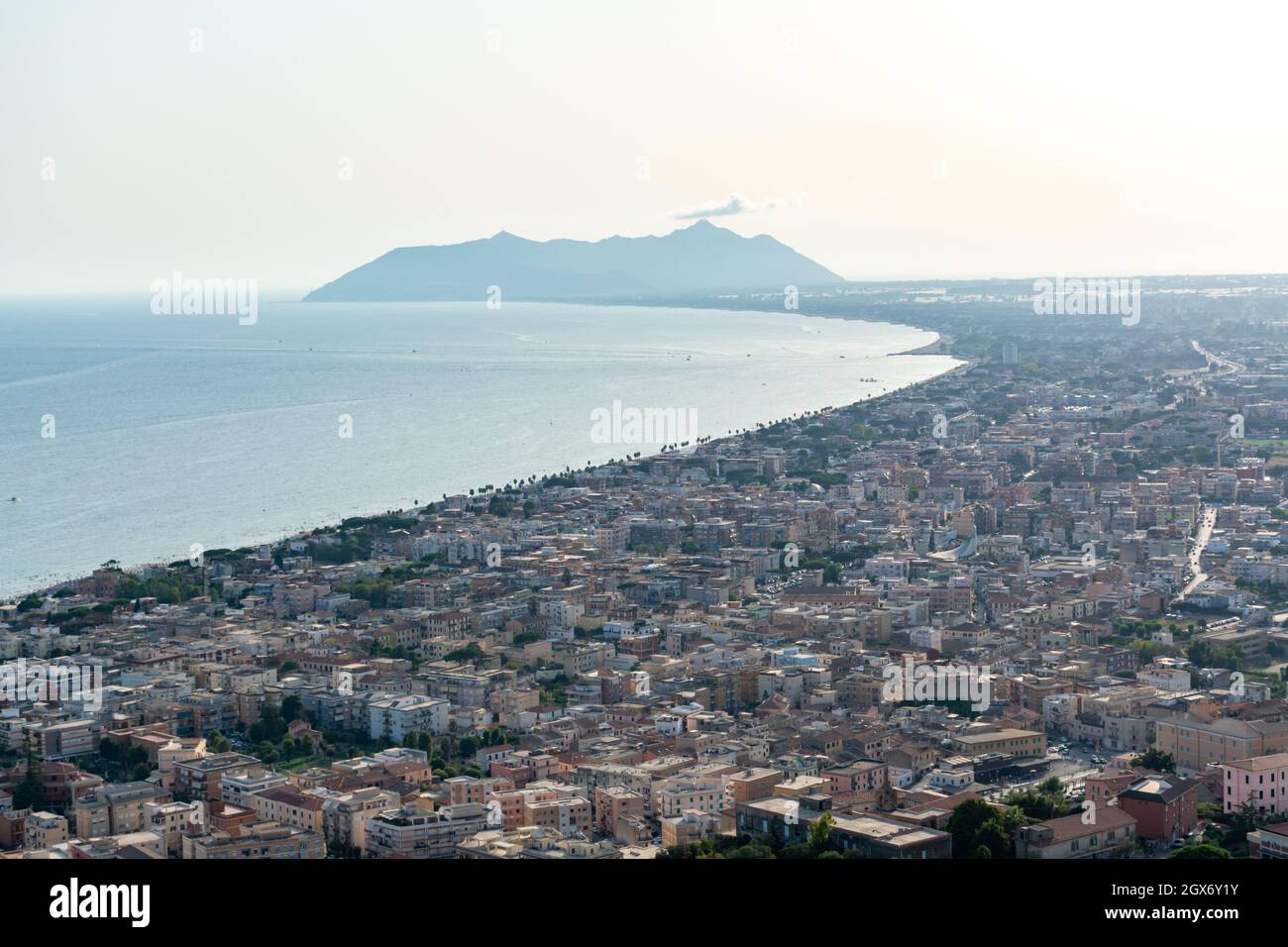 Aerial view on Terracina, mountains and Tyrrhenian Sea bay, ancient