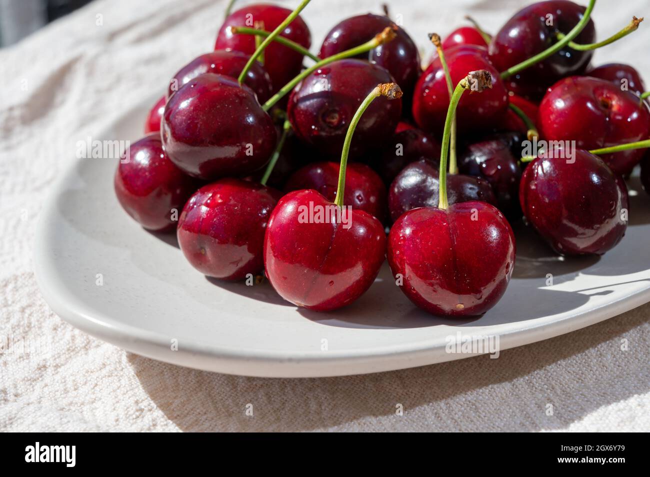 New harvest of fresh ripe dark red cherry berry in Provence, France close up Stock Photo