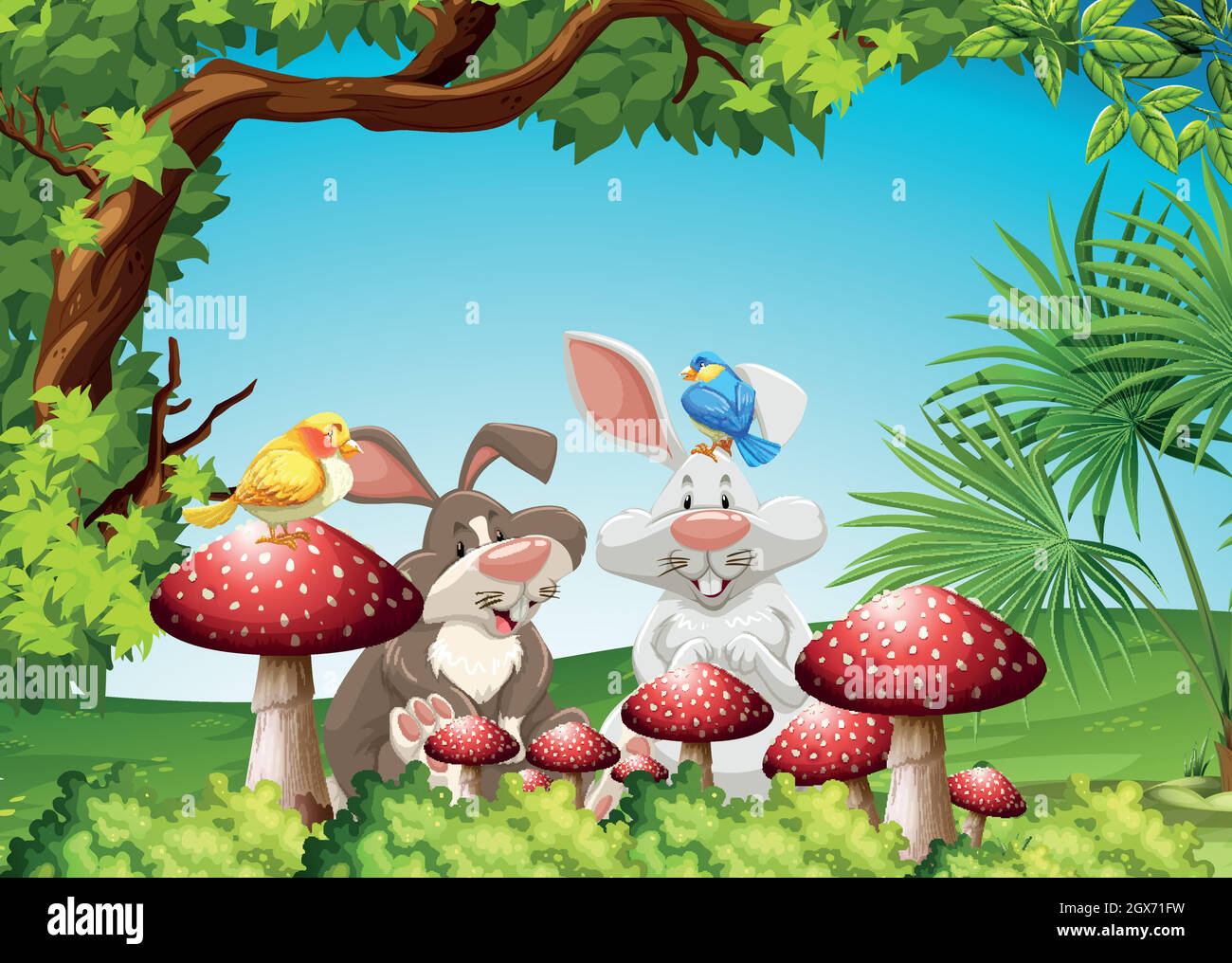 Rabbits and birds in the garden Stock Vector Image & Art - Alamy