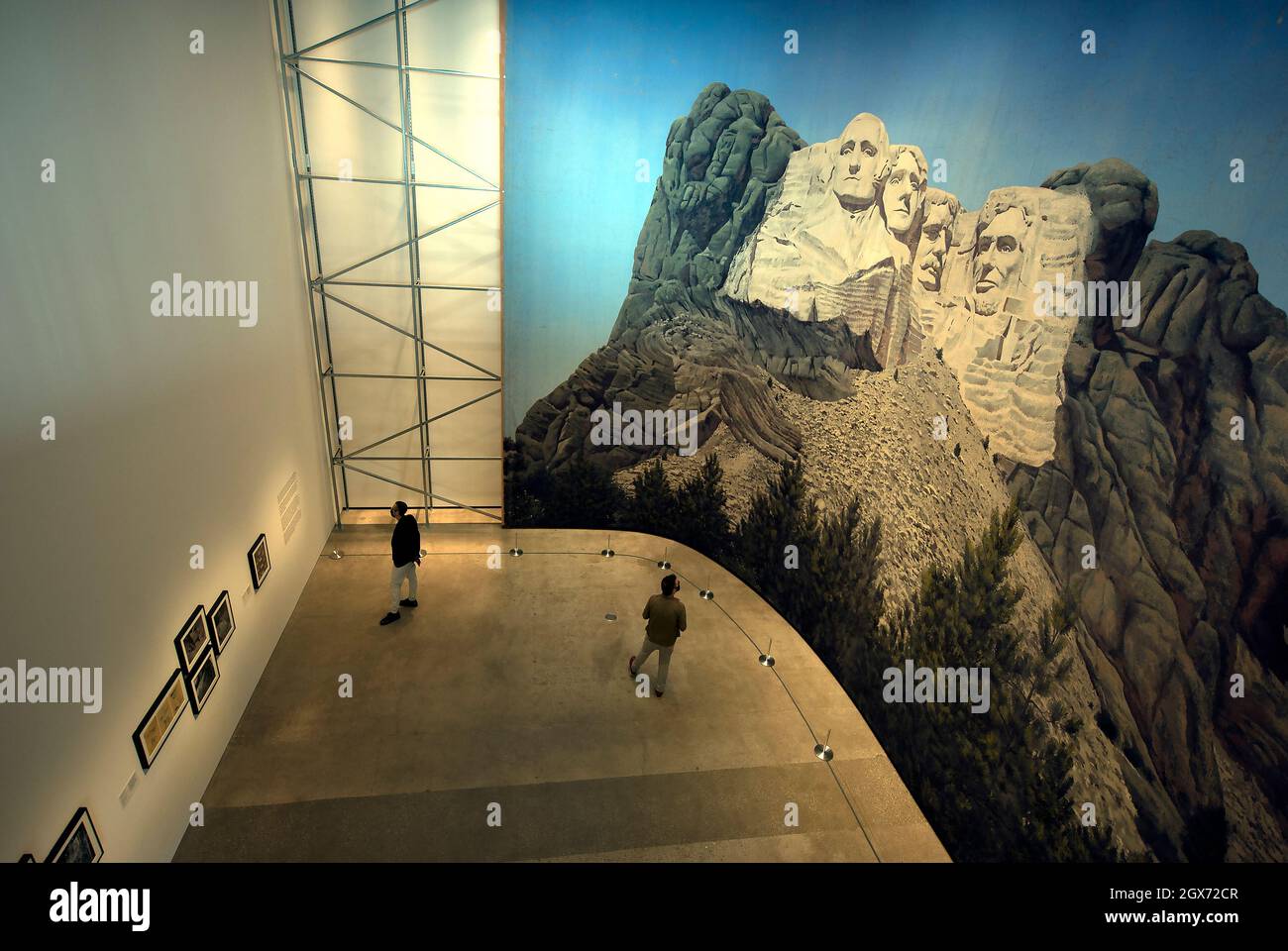 Painted backdrop of Mount Rushmore from the Alfred Hitchcock movie North By Northwest at the Academy Museum of Motion Pictures in Los Angeles, CA Stock Photo