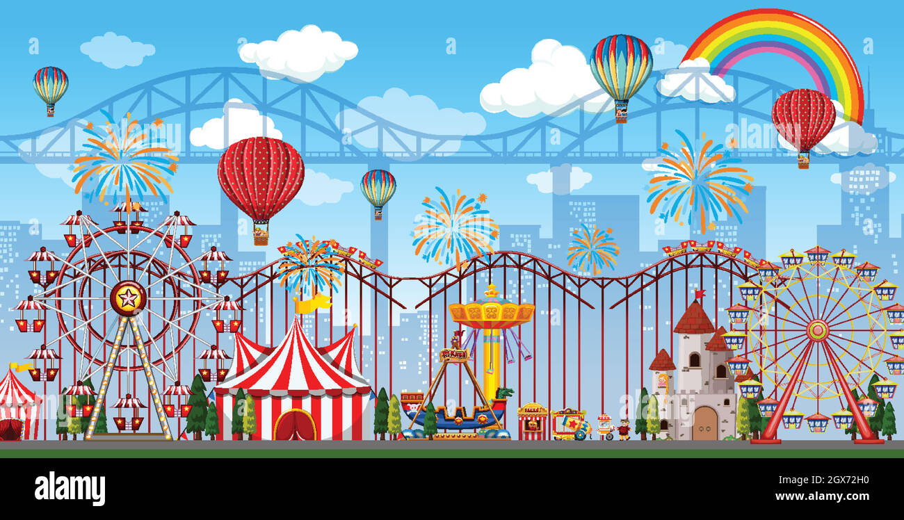 Amusement park scene at daytime with rainbow and balloons in the sky ...