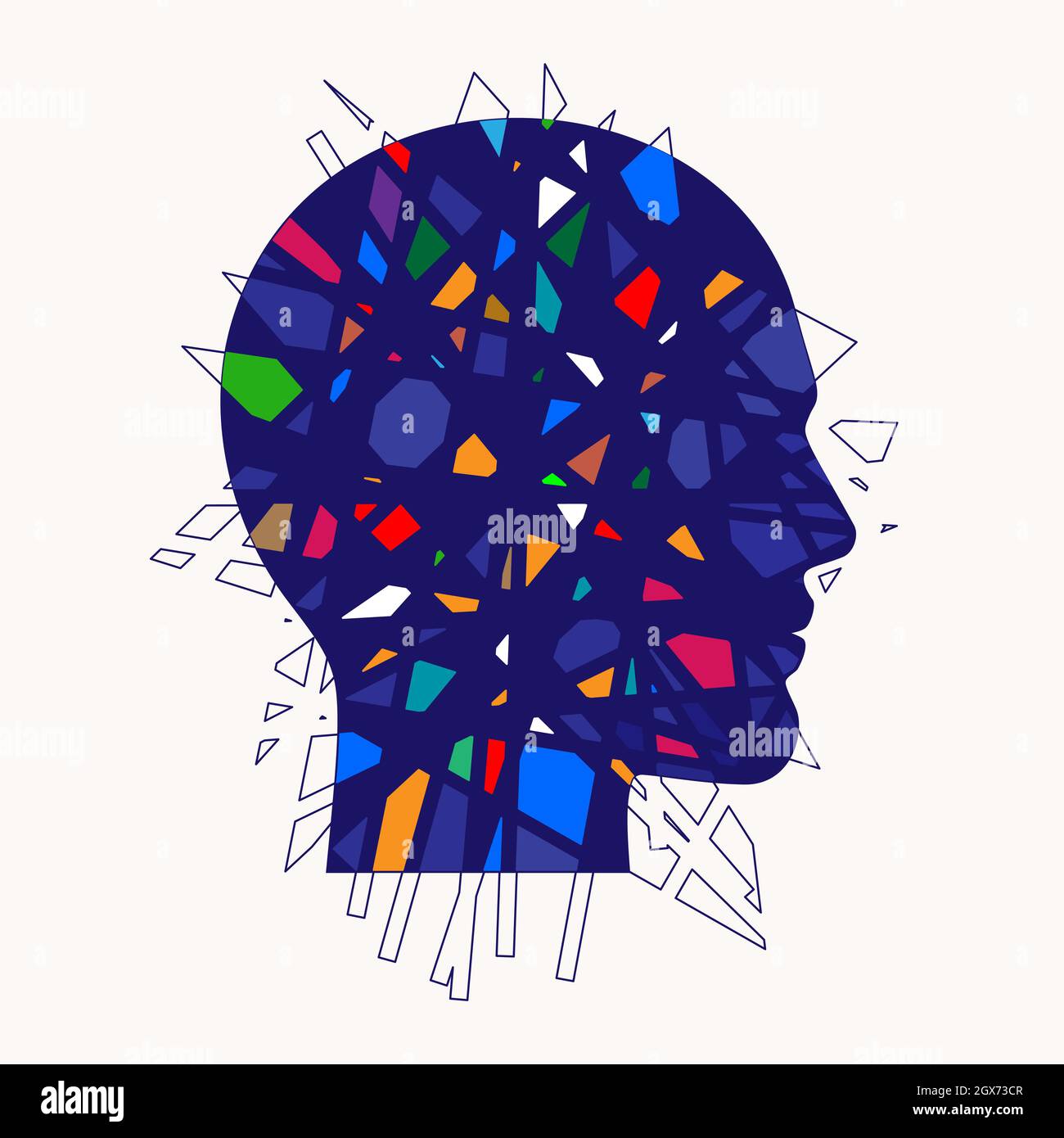 Colorful broken tiles, chaotically scattered in the human head. Mental health awareness, or psychological illness conceptual vector illustration. Stock Vector