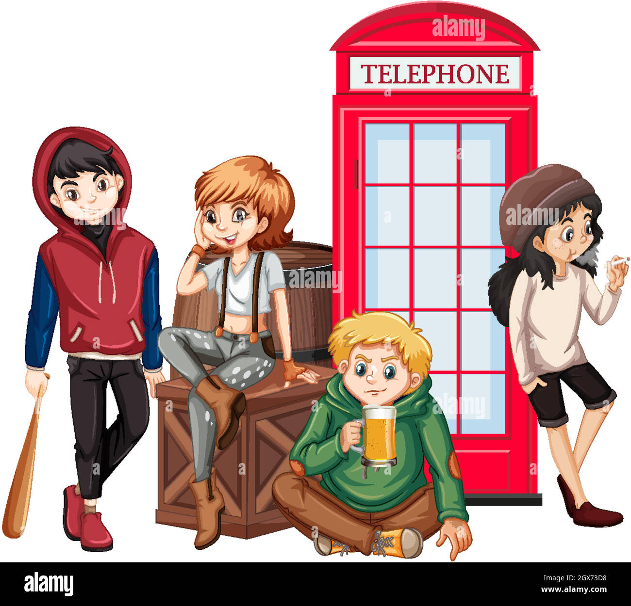 Teenagers hanging out by the telephone booth Stock Vector